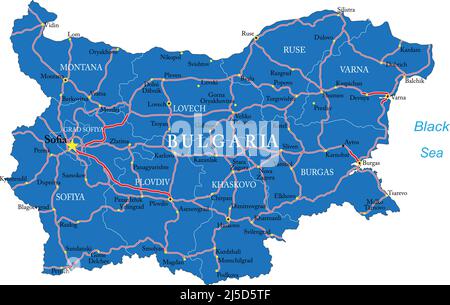 Sehr detaillierte Vektorkarte von Bulgarien mit Verwaltungsregionen, Hauptstädten und Straßen. Stock Vektor