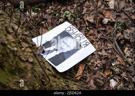 '27.02.2022, Berlin, Deutschland, Europa - Ein ausrangierte Protestplakat mit dem Bild des russischen Präsidenten Wladimir Putin mit einem Hitlerbart liegt zwischen den Blättern im Tiergarten auf dem Boden. In Berlin protestieren mehrere hunderttausend Menschen für den Frieden in Europa und gegen den vom russischen Präsidenten Putin initiierten illegalen Angriffskrieg Russlands in der Ukraine. Die große Demonstration im Bezirk Tiergarten erstreckt sich von der Siegessäule entlang der Straße des 17. Juni bis zum Brandenburger Tor und findet unter dem Motto "'Stoppt den Krieg. Frieden für die Ukraine und ganz Europa“. Stockfoto