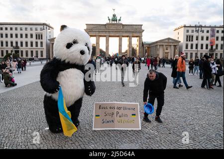 26. Februar 2022, Berlin, Deutschland, Europa - Ein Demonstranten in Pandas-Kostümen protestiert auf dem Pariser Platz vor dem Brandenburger Tor im Bezirk Mitte gegen die Politik des russischen Präsidenten Putin und den Krieg in der Ukraine nach dem Einmarsch russischer Soldaten und dem Beschuss ukrainischer Städte durch russische Streitkräfte. [Automatisierte Übersetzung] Stockfoto