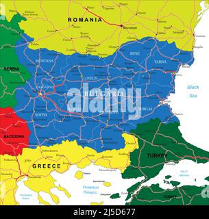 Sehr detaillierte Vektorkarte von Bulgarien mit Verwaltungsregionen, Hauptstädten und Straßen. Stock Vektor