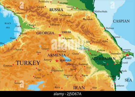 Sehr detaillierte physische Karte des Kaukasus, im Vektorformat, mit allen Reliefformen, Ländern und großen Städten Stock Vektor