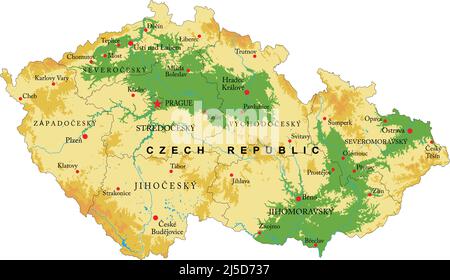 Sehr detaillierte physische Karte der Tschechischen Republik, im Vektorformat, mit allen Reliefformen, Regionen und großen Städten. Stock Vektor