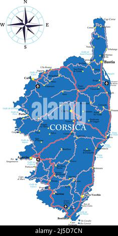 Sehr detaillierte Vektorkarte von Korsika mit den wichtigsten Städten und Straßen. Stock Vektor