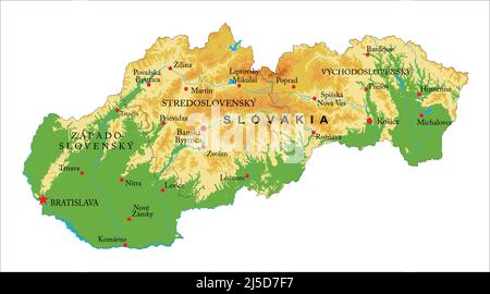 Sehr detaillierte physische Karte der Slowakei, im Vektorformat, mit allen Reliefformen, Regionen und großen Städten. Stock Vektor