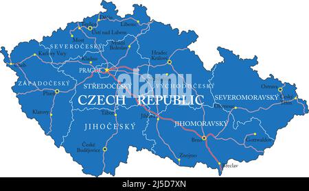 Hochdetaillierte Vektorkarte der Tschechischen Republik mit Verwaltungsregionen, Hauptstädten und Straßen. Stock Vektor