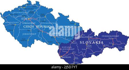 Hochdetaillierte Vektorkarte der Tschechischen Republik und der Slowakei mit Verwaltungsregionen, Hauptstädten und Straßen. Stock Vektor