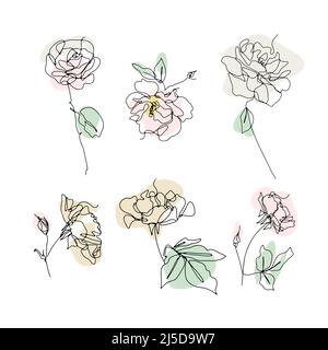 Set aus einer Linie Zeichnung Rosen Clip Art. Handgezeichnete einzeilige Blume mit neutralen abstrakten Formen Stock Vektor