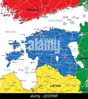 Sehr detaillierte Vektorkarte von Lettland mit Verwaltungsgebieten, Hauptstädten und Straßen Stock Vektor