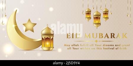 Eid Mubarak Banner Hintergrund. Eid Islamische Design-Vorlagen für Feiertage mit goldenem Halbmond. Stock Vektor