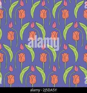 Vintage Nahtloses Muster mit rosa Tulpen Blumen und Blättern auf blau Stock Vektor