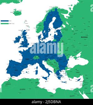 Sehr detaillierte politische Karte von Europa im Vektorformat, mit allen großen Städten mit Unterscheidung zwischen Mitgliedern der Europäischen Union und Nichtmitgliedern. Stock Vektor