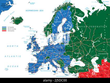 Hochdetaillierte Vektorkarte von Europa mit Ländern, Hauptstädten und Straßen. Stock Vektor