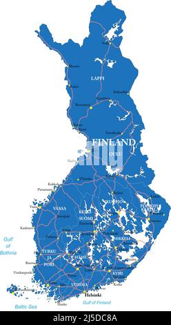 Finnland sehr detaillierte Vektorkarte mit Verwaltungsregionen, Hauptstädten und Straßen. Stock Vektor