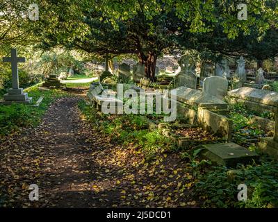 Ländlicher Kirchhof in der Herbstsonne Stockfoto