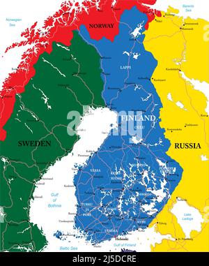 Sehr detaillierte Vektorkarte von Finnland mit Verwaltungsregionen, Hauptstädten und Straßen. Stock Vektor