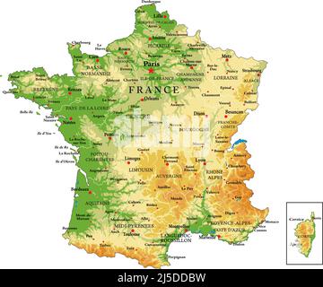 Frankreich-sehr detaillierte physische Karte, im Vektorformat, mit allen Reliefformen, Regionen und großen Städten. Stock Vektor