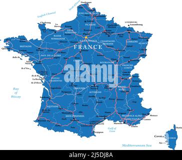 Sehr detaillierte Vektorkarte von Frankreich mit Verwaltungsregionen, Hauptstädten und Straßen. Stock Vektor