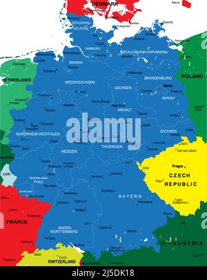 Sehr detaillierte Vektorkarte von Deutschland mit Verwaltungsregionen, Hauptstädten und Straßen Stock Vektor