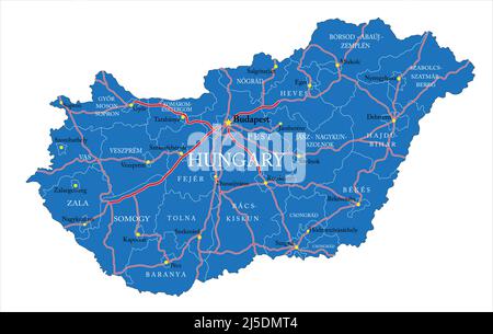 Ungarn - sehr detaillierte Vektorkarte mit Verwaltungsregionen, Hauptstädten und Straßen. Stock Vektor