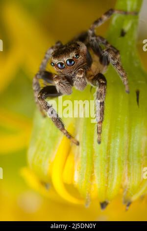 Springende Spinne auf der gelben Knospe bereit zu springen Stockfoto