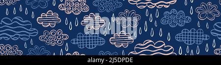 Nahtloses Muster mit handgezeichneten Wolken und Regentropfen auf dunkelblauem Hintergrund. Vektorgrafik. Stock Vektor