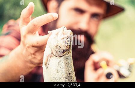 Angeln. Angler mit Angeltrophäe. Fischer und Forelle. Angelhintergründe. Mann hält große Fischforelle in den Händen. Fischer und Trophäe Forelle. Mann Stockfoto