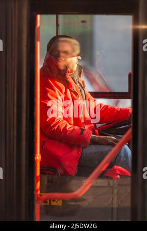 Busfahrer in einem roten Mantel. Roter Handlauf. Das Gesicht reflektiert sich auf dem Gesicht des Fahrers. Brüssel. Stockfoto