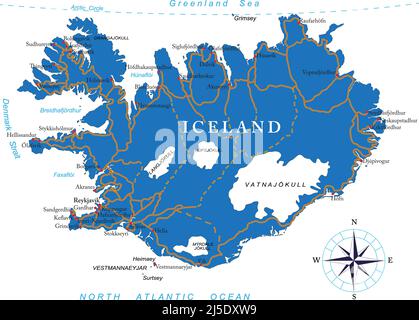 Sehr detaillierte Vektorkarte von Island mit Verwaltungsregionen, Hauptstädten und Straßen. Stock Vektor