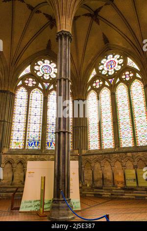 Das Innere des Kapitelhauses von Magna Carta in der anglikanischen Kathedrale von Salisbury, Wiltshire, England, Großbritannien Stockfoto