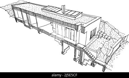 Handgezeichnete architektonische Skizze des Abschnitts eines modernen einstöckigen Einfamilienhauses mit Flachdach und Garten Stockfoto