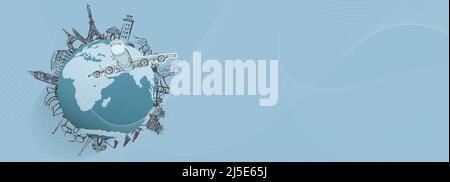 Innovation kreative Idee Geschäft durch Doodle Zeichnung Skizze handgezeichnete Flugzeug reisen um die Welt als Konzept. Stockfoto