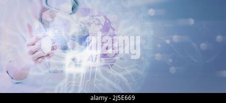 Geschäftsmann mit Virtual-Reality-Brille im modernen Büro mit Smartphone mit VR-Headset Metaverse digitale Cyber-Welt Technologiekonzept. Stockfoto