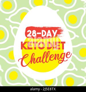 Keto Diet Challenge Banner für 28 Tage. Vector Webbanner im modernen flachen Stil mit Ei und Avocado auf dem Hintergrund. Keto Diet Challenge Konzept. Vektor Stock Vektor