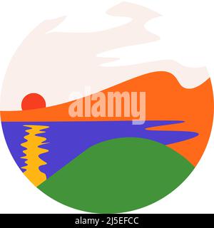 Landschaftsansicht mit Sonnenuntergang und Teich See und Hügel Stock Vektor