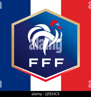 Logo des französischen Fußballverbands mit Nationalflagge, FIFA-Weltmeisterschaft 2022, Abbildung Stockfoto