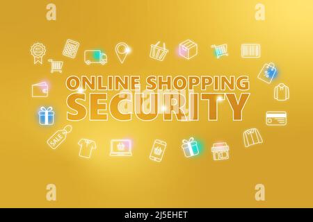 Online Shopping Security – E-Commerce-Web auf goldenem Hintergrund. Verschiedene Shopping-Ikonen. Online-Shopping-Konzept Stockfoto