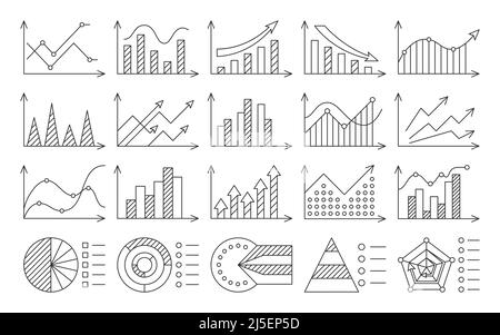 Infografik Diagramm Workflow schwarze Linie gesetzt. Thin Simple Icon Business Plan Stufen Erfolg Niederlage. Statistische Prozessdarstellung Investment Growth Marketing Management Aktionszeitachse isoliert Stock Vektor