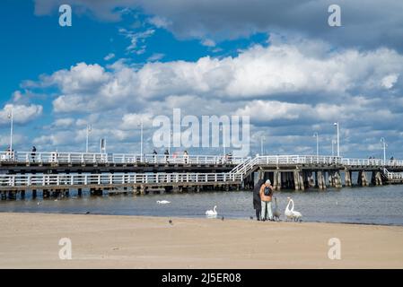 30. August 2020, Gdask, Polen, Blick auf den Sopot-Damm an der Ostsee. Die Menschen füttern die Möwenvögel Stockfoto