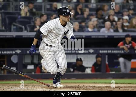 Bronx, USA. 22. April 2022. Der New Yorker Yankees Isiah Kiner-Falefa trifft Josh Donaldson im vierten Inning gegen die Cleveland Guardians im Yankee Stadium am Freitag, den 22. April 2022 in New York City auf eine Einzelwertung. Foto von Corey Sipkin/UPI Credit: UPI/Alamy Live News Stockfoto