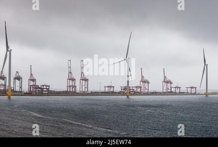 Taranto. 21. April 2022. Das Foto vom 21. April 2022 zeigt einen Offshore-Windpark im Hafen von Taranto, Italien. Italien hat am Donnerstag das erste Offshore-Windkraftwerk im Land und im Mittelmeerraum offiziell eingeweiht. Ein chinesisches Unternehmen lieferte Turbinen für das Projekt Beleolico, das bei einer Zeremonie im Hafen von Taranto in Süditalien ans Netz angeschlossen wurde. Quelle: Liu Yongqiu/Xinhua/Alamy Live News Stockfoto