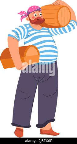 Männlicher Charakter trägt ein Matrosen-T-Shirt, das Holzfässer mit Rum-Whiskey oder Cognac-alkoholischen Getränken trägt. Fass mit Alkoholgetränk, traditionelles Carg Stock Vektor