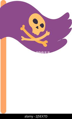 Symbol der Piratentum, isolierte Fahne auf Stange mit gekreuzten Knochen und Geschick. Zeichen des Piratenemblems oder des Logos. Angst und Gewalt auf der Meeresoberfläche, winken Stock Vektor