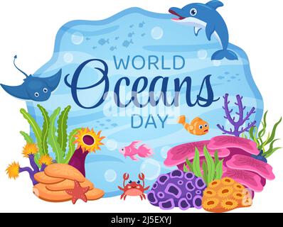 Cartoon-Illustration zum Weltmeerkunde mit Unterwasserlandschaften, verschiedenen Fischtieren, Korallen und Meerespflanzen, die sich dem Schutz oder Erhalt widmen Stock Vektor