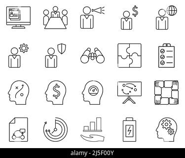 Satz von Business-Management-Symbol Set Brainstorming, Zahnradsymbol Business-Management-Vektor-Symbol auf weißem Hintergrund. Stock Vektor