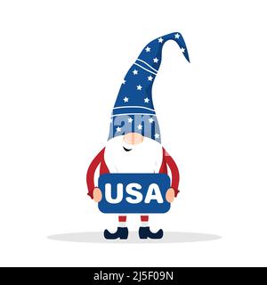 Patriotischer amerikanischer Zwerg. Süßer skandinavischer Zwerg. Elf feiern den Unabhängigkeitstag in den Vereinigten Staaten. Frohes 4.. juli. Vektorgrafik in flacher Form Stock Vektor