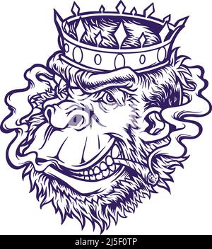Gekrönter Gorilla mit rauchenden Cannabis monochrome Vektor-Illustrationen für Ihre Arbeit Logo, Merchandise T-Shirt, Aufkleber und Label-Designs, Poster, Stock Vektor