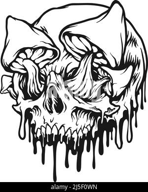 Scary Schädel Pilze geschmolzen bunten monochromen Vektor-Illustrationen für Ihre Arbeit Logo, Merchandise T-Shirt, Aufkleber und Label-Designs, Poster Stock Vektor