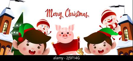 Weihnachts-Party-Flyer-Design. Cartoon-Elfen, Schneemänner, Schwein mit leerer Schriftrolle und Häuser auf weißem Hintergrund. Die Abbildung kann für die Begrüßung c verwendet werden Stock Vektor