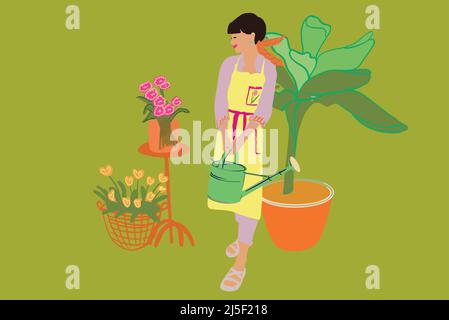 Vektor-Illustration von jungen Floristen, die sich um Pflanzen kümmern Stock Vektor