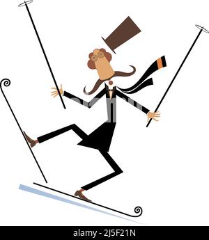 Cartoon Schnurrbart Mann in der Hut eine Skifahrer Illustration. Langer Schnurrbart Gentleman in der Hut ist Skifahren isoliert auf weißer Abbildung Stock Vektor